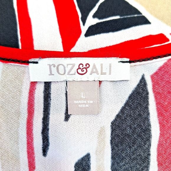 Roz & Ali Abstract Geometric Print Blouse Red Black Cream 3/4 Tie Sleeve Size L - Picture 6 of 13